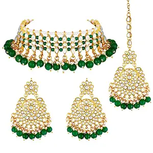 I Jewels Gold Plated Traditional Kundan & Pearl Studded Choker Necklace Jewellery Set For Women (K7201) (Green)