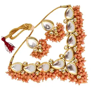 Lucky Jewellery Womens Meenakari 18K Gold Plated Peach Color Uncut Kundan Necklace Set (769-M6SK-1698-PH)
