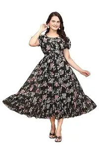 DHARESWAR ENTERPRISE Women's Georgette Dresses Floral Printed One Piece Stylish Long Maxi Western Frock Midi Dress for Women (Puffed Sleeves)