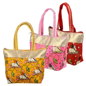 Kuber Industries Women Hand Purse | Traditional Mini Hand Bag | Silk Wallet Hand Bag | Woman Tote Hand Bag | Gifts Hand Bag | Cow-Small Hand Purse | Pack of 3 | Multi
