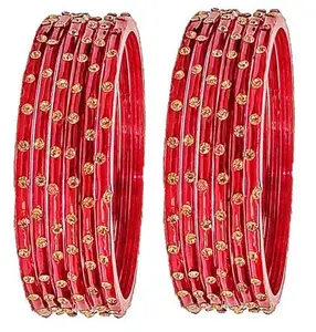 T4 Jewels (2.10 & 2.12 Size) Zircon Stones Studded Maroon Colour Beautiful Glass Bangles Set for Women & Girls - (Set of 12 Bangles)_Maroon_2.10