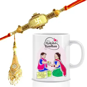 Ethnic Darzi Raksha Bandhan Gift Combo – 1 Premium Rakhi, 1 Lumba for Bhabhi & Printed Coffee Mug – Rakhi Set for Bhaiya Bhabhi with Mug- RKMUG-286