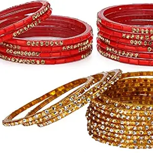 Colorful Glass Bangle/Kada Set Combo Ornamented With Colourful Chips & Beads_G309 (AkBang2-ACY1.a_bang)