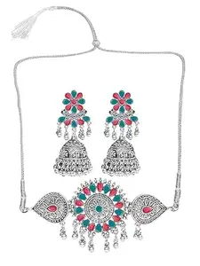 Green and Maroon Flower Round Choker - Elegant Traditional Statement Necklace for Women