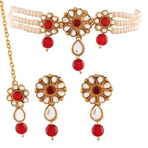 I Jewels Traditional Gold Plated Floral Pearl & Kundan Choker Necklace Jewellery Set with Maang Tikka for Women (ML230M)