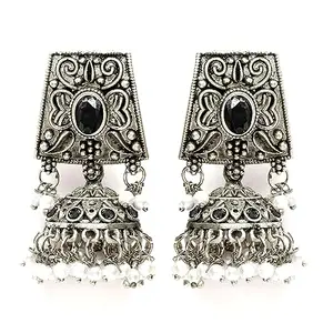 Karatcart Oxidised Silver Black Stone Jhumki Earrings for Women