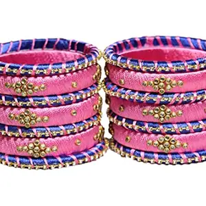 ROYAL Collection Handmade Silk Thread Elegant Stone Bangles for Women Girls, Pack of 14 (Pink & Blue, 2.6)