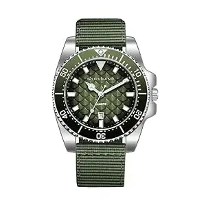 Giordano Analog Quartz Watch for Men with Black Textured Fish Scale Dial, Luminous Hands & Markers, Date Window, Nylon NATO Strap, Rotating Bezel