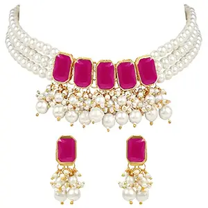 Peora Gold Plated Rani Pink Beads Crystal Studded Choker Necklace Earrings Set Fashion Stylish Jewellery Gift For Women & Girls (PF37N355RP)