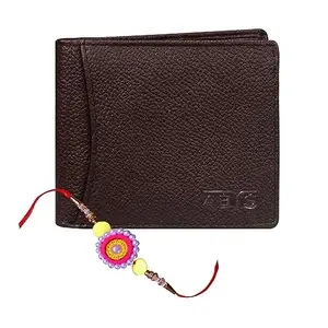 ABYS Men's Genuine Leather Coffee Brown Wallet with Rakhi Gift Set Combo