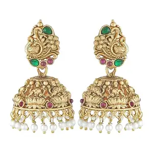 Mansiyaorange South Indian Temple Peacock Matte Gold Red Ruby And Green Color Stone Creame Pearl Drop Earrings Stud Jhumki Earrings For Women