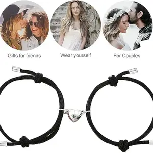 BEAUTIVIA Magnetic Couples Bracelets for Women Men, Love Heart-Shaped Magnetic Bracelets, Pinky Promise Bracelet for Best Friend, Distance Friendship Matching Braided Rope Bracelets for Boyfriend and
