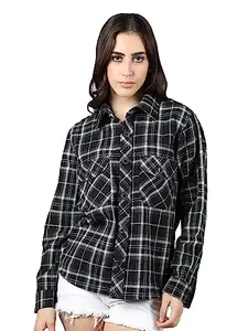 CHKOKKO Women Flannel Plaid Shacket Winter Jacket Button Down Coat Shirt Black XL