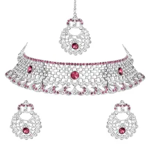 I Jewels Silver Plated Traditional Design Stone Work Choker Necklace Jewellery Set With Chandbali Earring & Maang Tikka For Women/Girls (M4171ZWi)