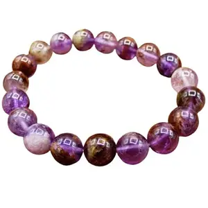 RRJEWELZ Natural Amethyst Cacoxenite Round Shape Smooth Cut 12mm Beads 7.5 inch Stretchable Bracelet for Healing, Meditation, Prosperity, Good Luck | STBR_00524
