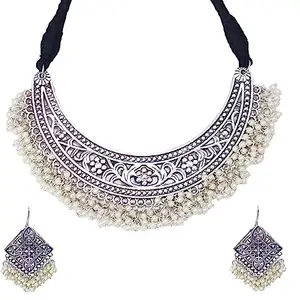 Total Fashion Casual Stylish Boho Trible Silver Oxidised Choker Necklace Jewellery Set Women for Girls