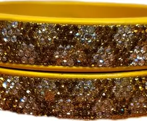 Ladies Stop Ladies Glitter Bangles Set, 2-Piece Golden Kada with Crystal Embellishments, Traditional Indian Style (Yellow, 2.8)
