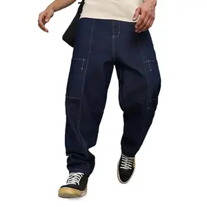 Campus Sutra Men's Navy Blue Baggy Cargo Denim Jeans for Everyday Wear | Dark-Wash | Button Closure | Oversized Fit | Denim Jeans Crafted with Comfort Fit for Everyday Wear
