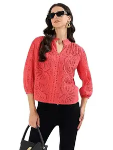 Schifley Women’s Dusty Red Embroidered Cutwork Top | 100% Cotton Slub | Half Sleeve | Breathable Summer Top | Regular Fit | Casual & Office Wear