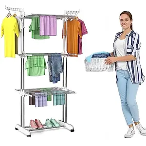 TEG DEL TEG | Cloth Drying Stand for Balcony, Cloth Drying Stand Foldable, Steel Clothes Stand for Drying, Cloth Drying Dryer Stand (Pearl White)
