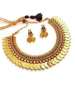 YouBella Traditional Red and Green Temple coin Necklace Set/Jewellery Set with Earrings for Women
