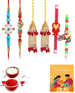 Shivshakti Exports Two Bhaiya Bhabhi Rakhi and Two Kids Rakhi Gift Set With Greeting Card and Roli Chawal - 2BB2KS318