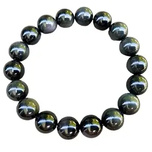 RRJEWELZ Unisex Bracelet 10mm Natural Gemstone Black Obsidian Round shape Smooth cut beads 7 inch stretchable bracelet for men & women. | STBR_01402