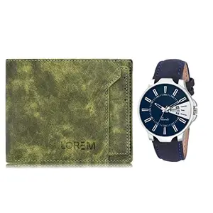 LOREM Combo of Blue Wrist Watch & Green Color Artificial Leather Wallet (Wl16-Lr23-Fz)