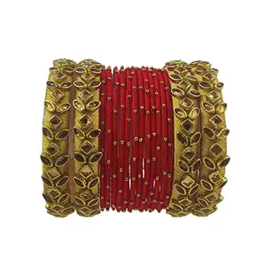 Yaalz Silk Thread Heavy Rich Kundan Stone Worked Beautiful Fancy Designer Festival Wear Wedding Chuda Bangle Sets For Women Girls In Red_&_Gold Color