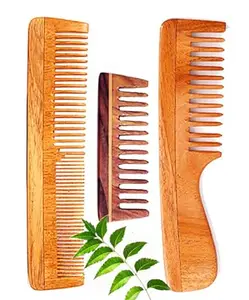 Rufiys Wooden Comb for Women & Men | Neem Wood Wide Tooth Hair Growth | Anti-Dandruff Hair Comb Combo Pack of 3