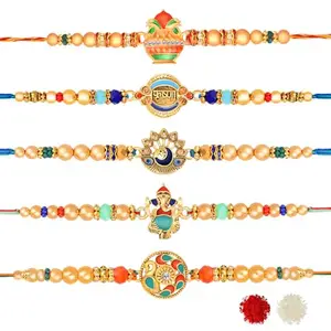 De Marquis 5 Designer Rakhi Gift Set for Brother,Mauli Thread, Chawal Roli Pack, Greeting Card Set (5 Multicolor RAKHI set in different design with Roli and chawal)