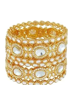 BANGLESKART Women's Traditional Kundan Work Gold Plated Bangle Set for Weddings & Festivals (Golden White-2.6) (2.10)