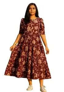 Women's Round Neck Floral Block Printed Elbow Sleeves Front Button Detailing Layered and Tiered Hem Kurti Gown