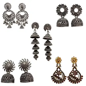Fashion and Antique Dangle and Drop (COMBOs of 5) Jhumki Earrings for Women & GirlsEarrings for Women & Girls | Traditional Silver Oxidised Jhumka | Earrings Combo | Accessories Jewellery | Birthday & Anniversary Gift|kammal|indian culture,