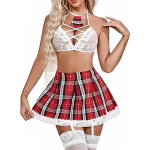 Women’s Babydoll Schoolgirl Boudoir Lingerie Set Solid Role Play Student Costume with Sweetheart Neck and Cotton Skirt for Valentine Couple’s (White 1, Free Size)