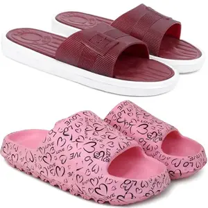 Pampy Angel Combo Pack of 2 Slipper/Flip Flops/Slides/Clogs/Sandals with Adjustable Back Strap for Women,(Buckle-Maroon,YW-Love-Pink),38 (Euro)