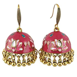 LUCKY JEWELLERY Designer Antique Gold Plated Magenta Color Meenakari Jhumki Earring For Girls & Women (275-CHJM1-1147-R)
