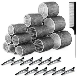 APOEM 31 Pcs Black Hair Roller Set,18 Pcs Heatless Hair Rollers 3 Size, and 12 Hair Clips and 1 Comb Hair Rollers for Long,Medium and Short Hair (M-1)