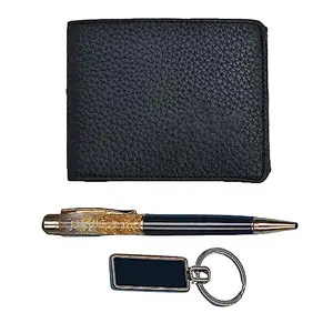 YOUR GIFT STUDIO Men's Genuine Leather Wallet, Metal Keychain and Pen | 3pcs Gift Combo for Men's & Boys (Black)