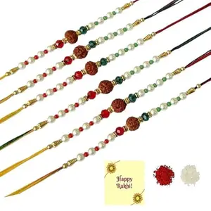 Avanti Creations Set Of 6 Rudraksh Beads Moli Thread Kalava Rakhi For Men For Bhaiya, Dora Rakhi, With Roli Tilak Greetings Cards