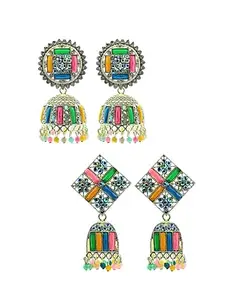 Pink Stone By Valentina Pack of 2 Alloy Jhumkas | Black & Multicolor Drop Earrings with Beads for Women (Multicolor)