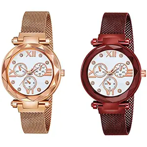 Talgo Round White Dial Magnatic Mesh Strape Analogue Rose Gold & Red Magnet Wrist Watch for Women and Girls (White Mina -Rose Gold & Red Colour)