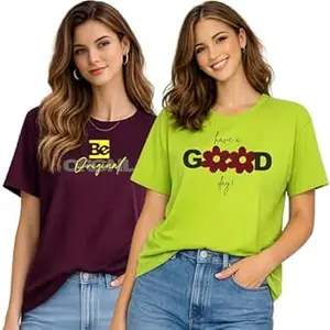 London Hills Women’s Loose Fit Printed Cotton T-Shirt Pack of 2 | Casual Round Neck Half Sleeve Graphic Tee | Breathable Summer Top for College, Travel & Outing