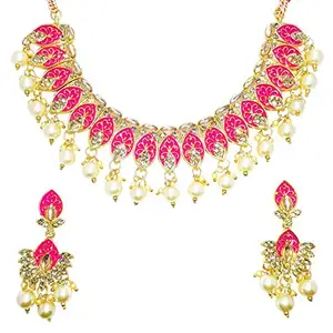 For You Gold Plated Kundhan Meenakari Jewellery Set for Women With Earrings (Pink)