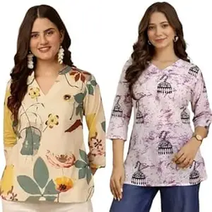 MS VHCK ENTERPRISE Women's Cotton Printed Short Kurti, Round Neck, Three Quarter Sleeve, Straight Fit, Pack of 2