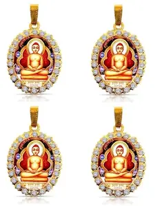 Airtick (Pack Of 4 Pcs Stainless Steel Unisex Oval Shape Diamond Nug Engraved/Studded Hindu God Lord Shri Mahavir Swami Maharaj Religious Locket Pendant Necklace