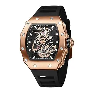 Giordano Analog Skeleton Dial Watch for Men – Tonneau Case, Silicone Strap, Open-Gear Sport Design, Quartz Movement