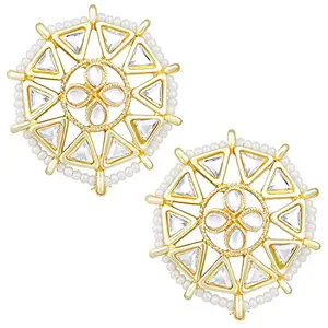 Peora Gold Plated White Kundan Studded Big Stud Earrings Ethnic Fashion Stylish Jewellery Gift for Women & Girls