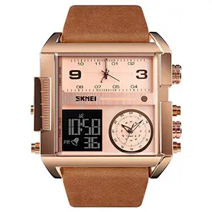 SKMEI Men's Square Watch, LED Backlight Large Screen Multi-Time Zone Men's Watch, Waterproof Analog Men's Digital Sports Watch-1391