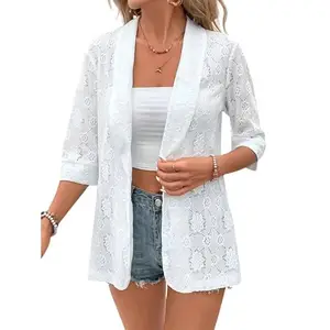 KACHEEG® Women’s Solid Color Lace Half-Sleeve Lapel Casual Blazer – White